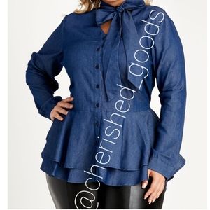 DENIM TIE NECK PEPLUM BLOUSE